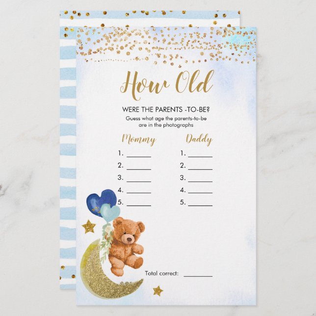 Blue Bearly Baby Dusche wie alt waren die Eltern (Vorne/Hinten)