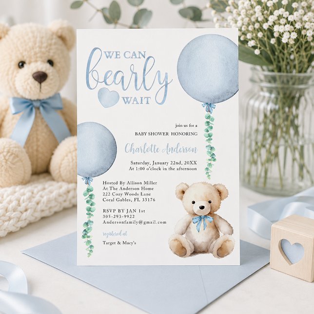 Blue Bearly Wait Baby Dusche Einladung Boy (Baby shower invite with pastel accents)