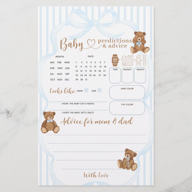 Blue Bearly Wait Baby Shower Vorhersage Spiel (Vorderseite)