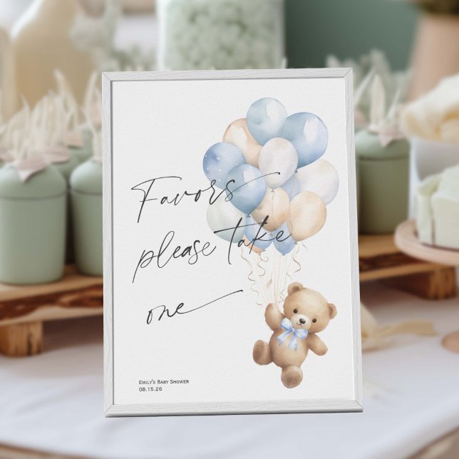 Blue Bearly wait Junge Dusche Favoriten Zeichen Poster (BLue Bearly wait, Baby Boy Shower Favor Sign.)