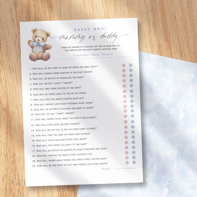 Blue Bearly Wait–Mommy or Daddy? 20-Questions game Hinweiskarte (Bearly Wait Themed-Mommy or Daddy Baby Shower Games.)