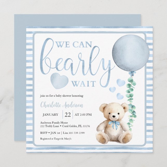 Blue Bearly Wait Teddy Bear Baby Dusche einladen Einladung (Vorne/Hinten)