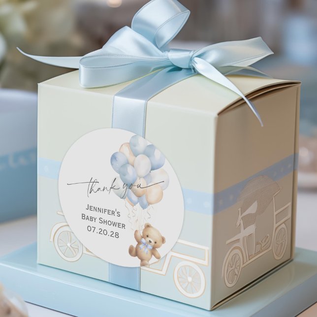 Blue Bearly Warte Baby Boy Dusche Danke Runder Aufkleber (Blue Bearly wait, Modern baby Boy Shower Thank You Sticker.)