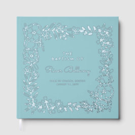 Blue Beautiful Silver Floral Frame Boy Taufe Gästebuch