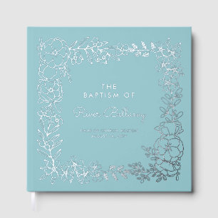 Blue Beautiful Silver Floral Frame Boy Taufe Gästebuch