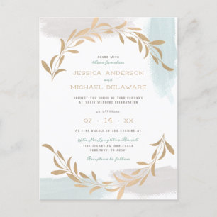 Blue & Beige Aquarelle Brushed Botanische Hochzeit Einladungspostkarte
