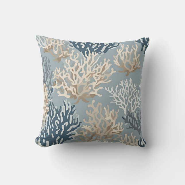 Blue Beige Beachy Coral Reef Nautical Pattern Kissen (Vorderseite)