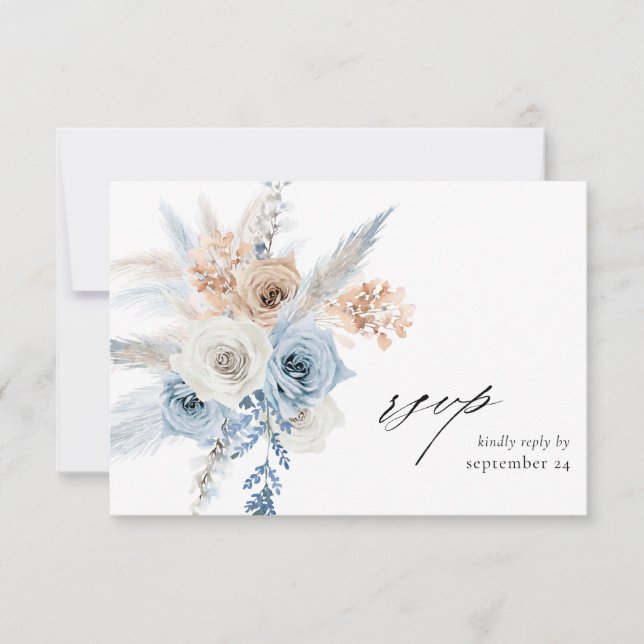 Blue & Beige Boho Floral w Meal RSVP Card Karte (Vorderseite)