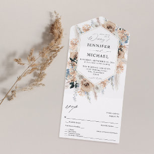 Blue & Beige Boho Floral Wedding All In One Einladung