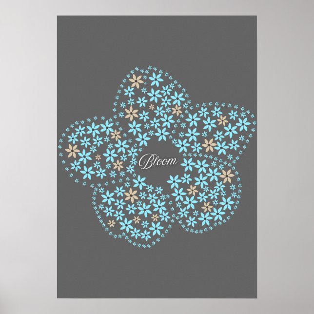 Blue Beige Floral Bloom – Dark Grey Botanical Mode Poster (Vorne)