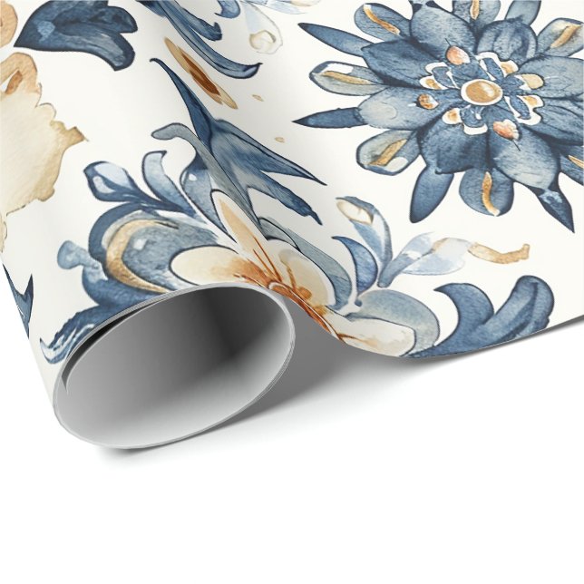 Blue & Beige Floral Tile Wrapping Paper, Antique  Geschenkpapier (Rolleneckpunkt)