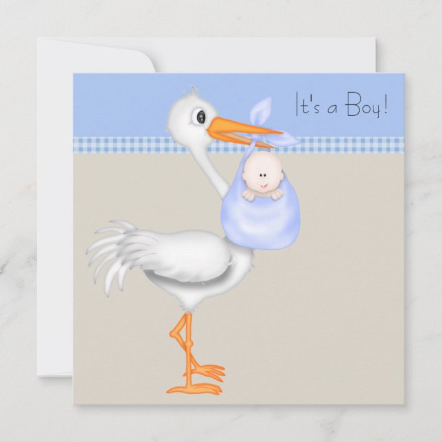 Blue Beige Gingham Stork Baby Boy Dusche Einladung (Vorderseite)