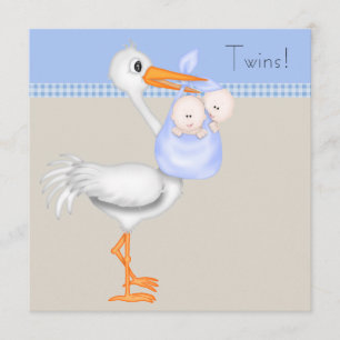 Blue Beige Gingham Stork Twin Baby Boy Dusche Einladung