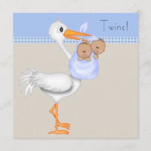 Blue Beige Gingham Stork Twin Boy Baby Shower Einladung