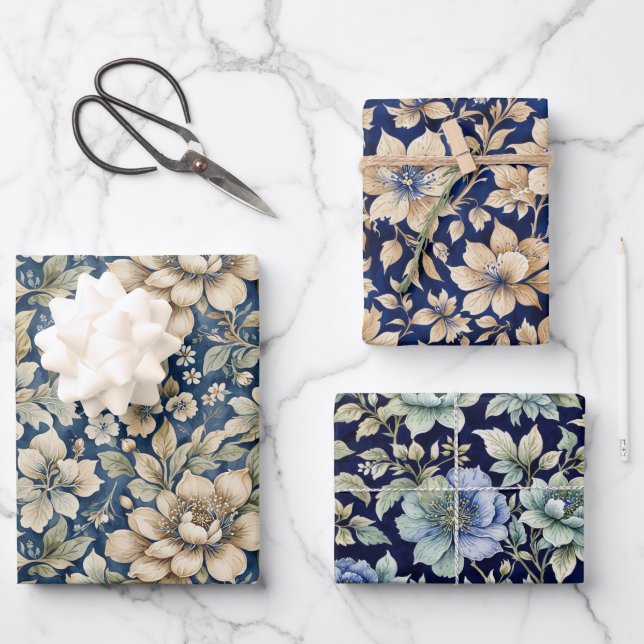 Blue Beige Green Chinoiserie Toile Florenz Geburts Geschenkpapier Set (Vorderseite)