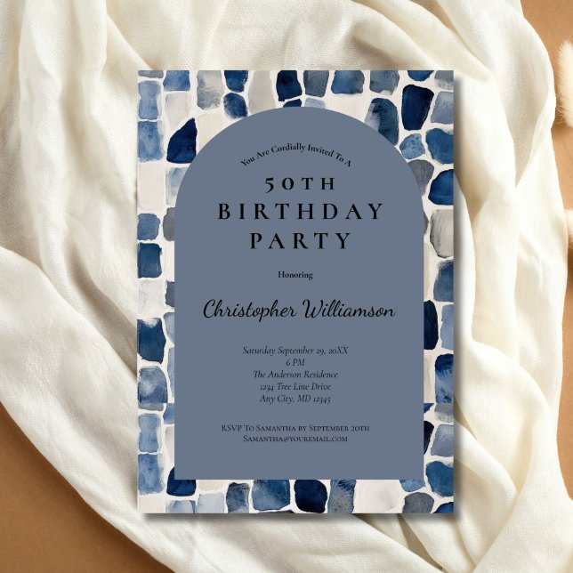 Blue Beige Men's Modern Arch 50. Geburtstag Einladung (Blue beige abstract watercolor texture pattern 50th birthday party invitation for him or her. )