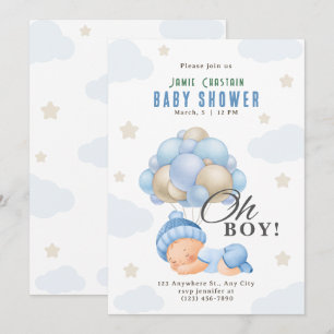 Blue Beige Moderner Junge mit Balloons Babydusche Einladung