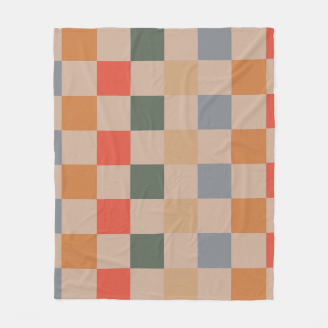 Blue Beige Orange Brown Checkered Gingham Pattern Fleecedecke (Vorderseite)