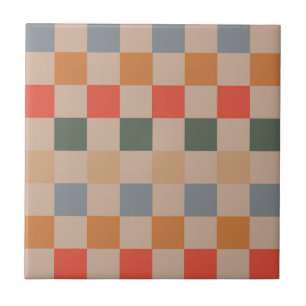 Blue Beige Orange Brown Checkered Gingham Pattern Fliese
