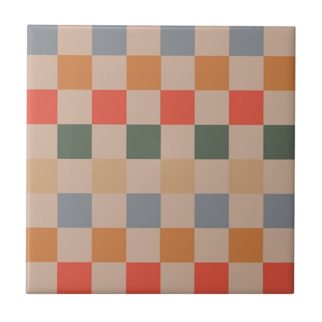 Blue Beige Orange Brown Checkered Gingham Pattern Fliese (Vorderseite)