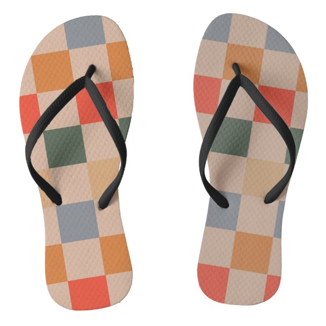Blue Beige Orange Brown Checkered Gingham Pattern Flip Flops (Fußbett)