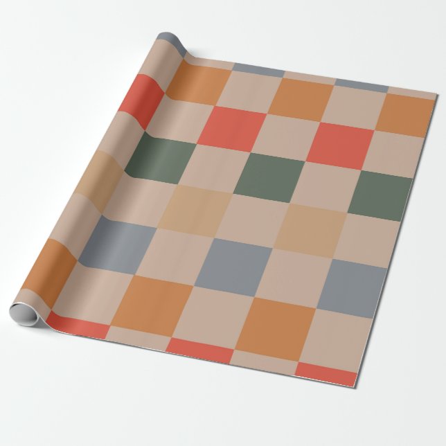 Blue Beige Orange Brown Checkered Gingham Pattern Geschenkpapier (Ungerollt)