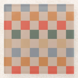 Blue Beige Orange Brown Checkered Gingham Pattern Glasuntersetzer