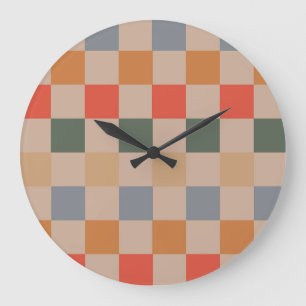 Blue Beige Orange Brown Checkered Gingham Pattern Große Wanduhr