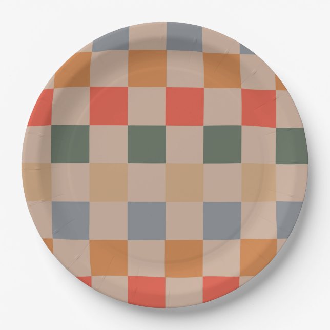 Blue Beige Orange Brown Checkered Gingham Pattern Pappteller (Vorderseite)
