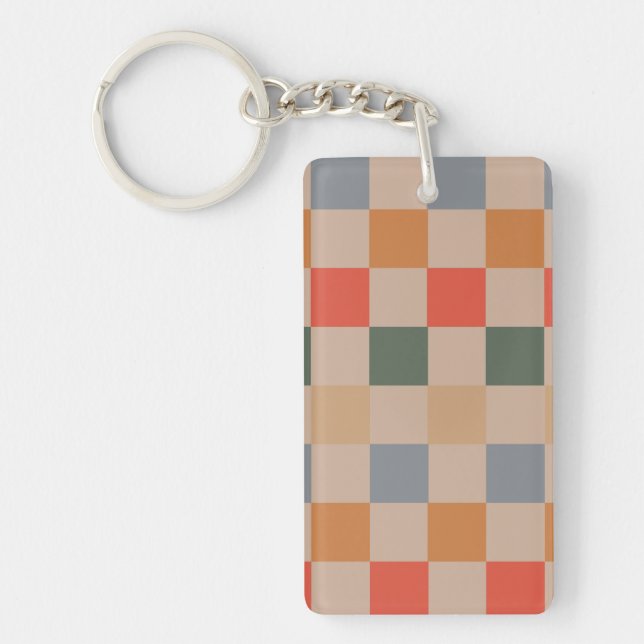 Blue Beige Orange Brown Checkered Gingham Pattern Schlüsselanhänger (Vorderseite)