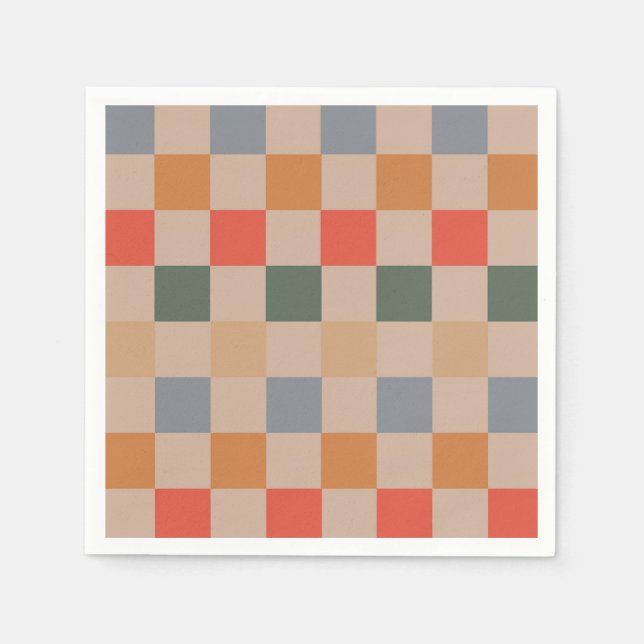 Blue Beige Orange Brown Checkered Gingham Pattern Serviette (Vorderseite)