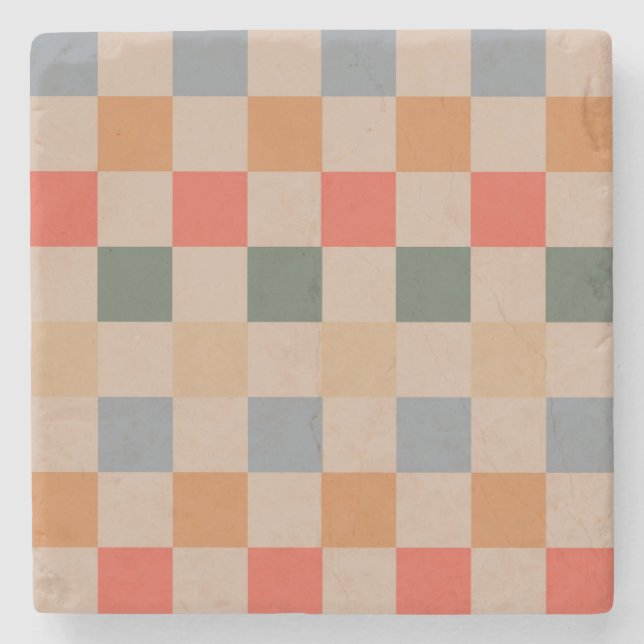 Blue Beige Orange Brown Checkered Gingham Pattern Steinuntersetzer (Vorderseite)