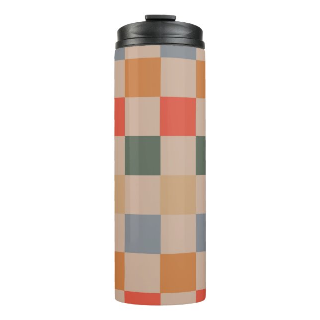 Blue Beige Orange Brown Checkered Gingham Pattern Thermosbecher (Vorderseite)