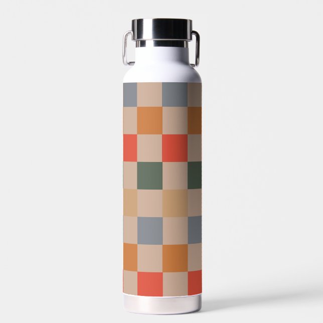 Blue Beige Orange Brown Checkered Gingham Pattern Trinkflasche (Vorne)