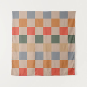 Blue Beige Orange Brown Checkered Gingham Pattern Wandteppich