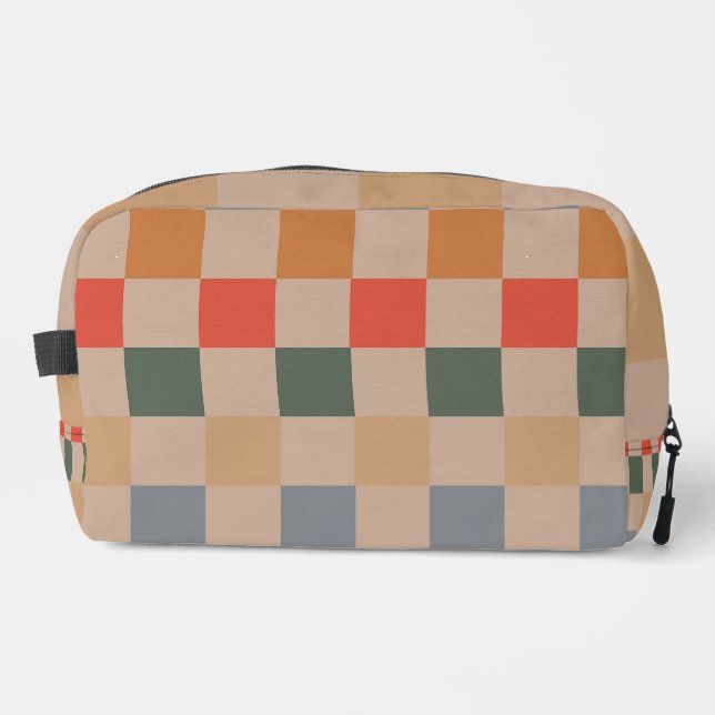 Blue Beige Orange Brown Checkered Gingham Pattern Waschbeutel (Vorderseite)