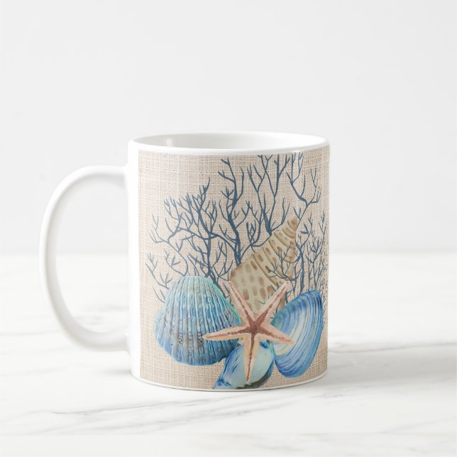 Blue Beige Seashells Coral Starfish Kaffeetasse (Links)
