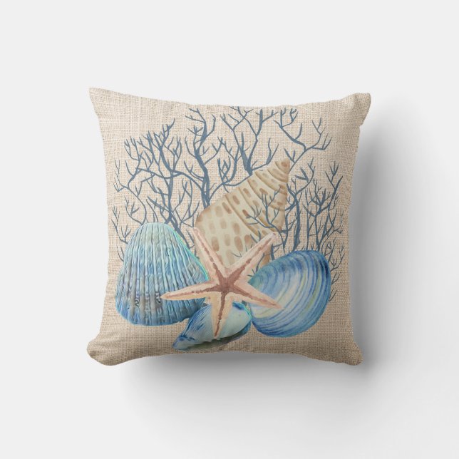 Blue Beige Seashells Starfish Coral Meereswelt Mus Kissen (Vorderseite)
