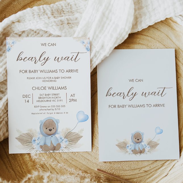 Blue Beige wir können frühzeitig abwarten Baby Dus Einladung (Boy we can bearly wait for baby to arrive baby shower invitation featuring a blue flowers.)