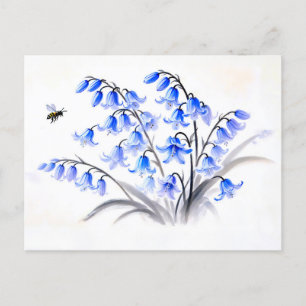 Blue Bellblumen Asiatische Tintenzeichnung Feiertagspostkarte