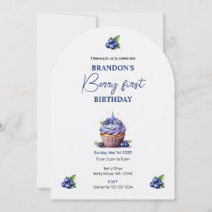 Blue Berry First Birthday Watercolor Custom Foto Einladung