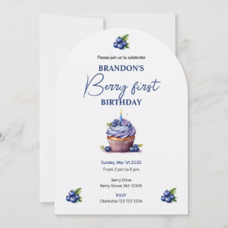 Blue Berry First Birthday Watercolor Custom Foto Einladung