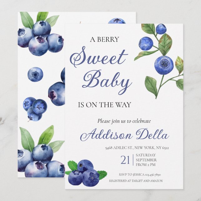 Blue Berry Sweet Baby Dusche Einladung (Vorne/Hinten)