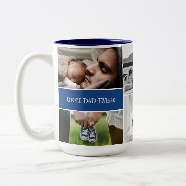 Blue Best Vater je Custom Foto Collage Daddy Zweifarbige Tasse (Links)