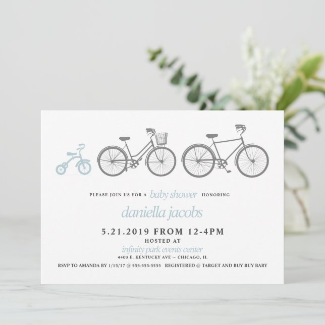 Blue Bicycle Baby Shower Einladung (Stehend Vorderseite)