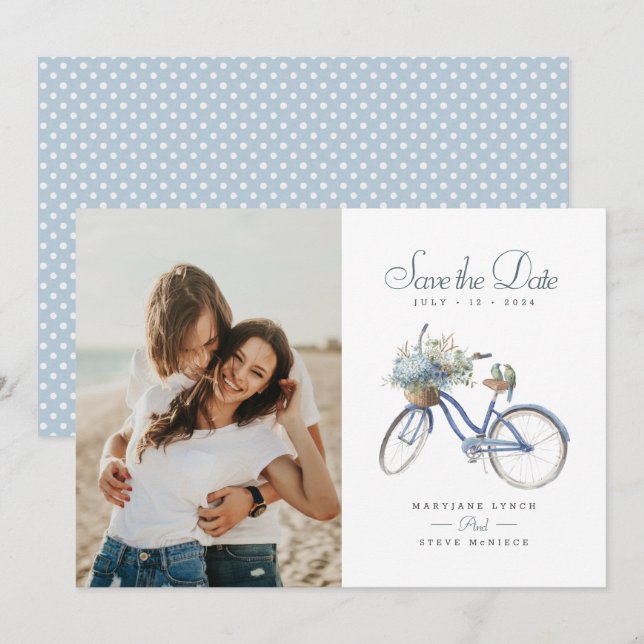 Blue Bicycle Bohemisch Watercolor Wedding Foto Save The Date (Vorne/Hinten)