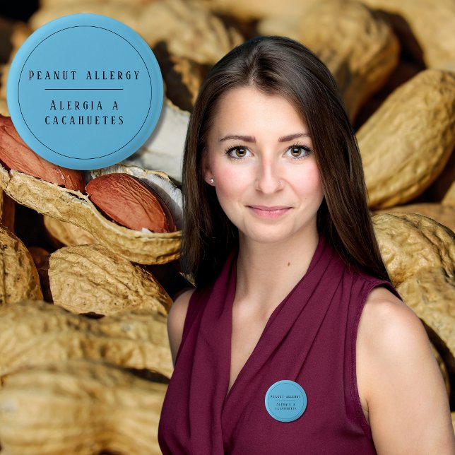 Blue Bilingual Peanut Allergary Alert Spanisch Button (Bilingual peanut allergy warning  button. bilingual text, Spanish, editable. multilingual project)