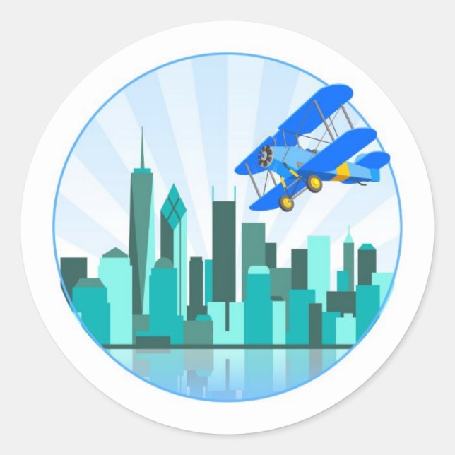 Blue Biplane über New York Retro Design Runder Aufkleber (Vorderseite)