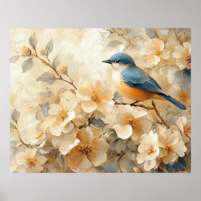 Blue Bird Blossoming Tree Painting Poster (Vorne)