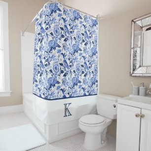 Blue Bird Chinoiserie Monogramm Duschvorhang